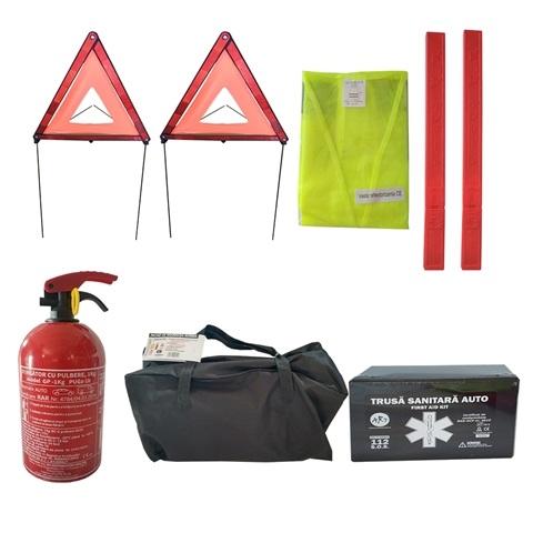 Set de siguranță rutieră AD AutoTotal, include stingător P1 GP cu 1 kg pulbere, trusă medicală, două triunghiuri reflectorizante, vestă reflectorizantă și geantă de depozitare